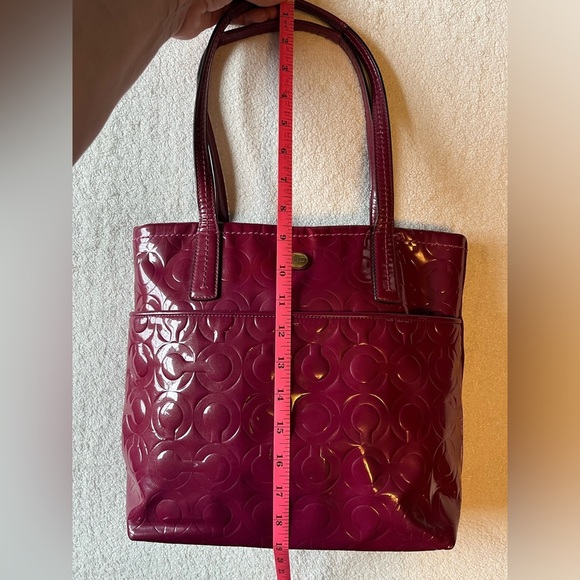 Coach Patent Leather Medium-Sized Tote Bag, Cranberry dark pink color - Picture 7 of 16